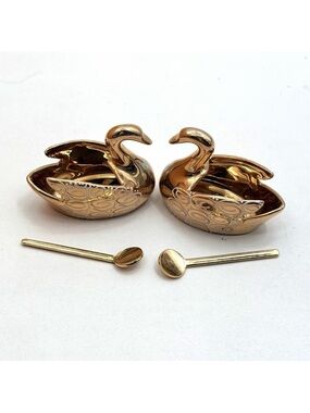 Pair of Vintage Gold Limoges Swans Porcelain Open Salt Cellars with Spoons